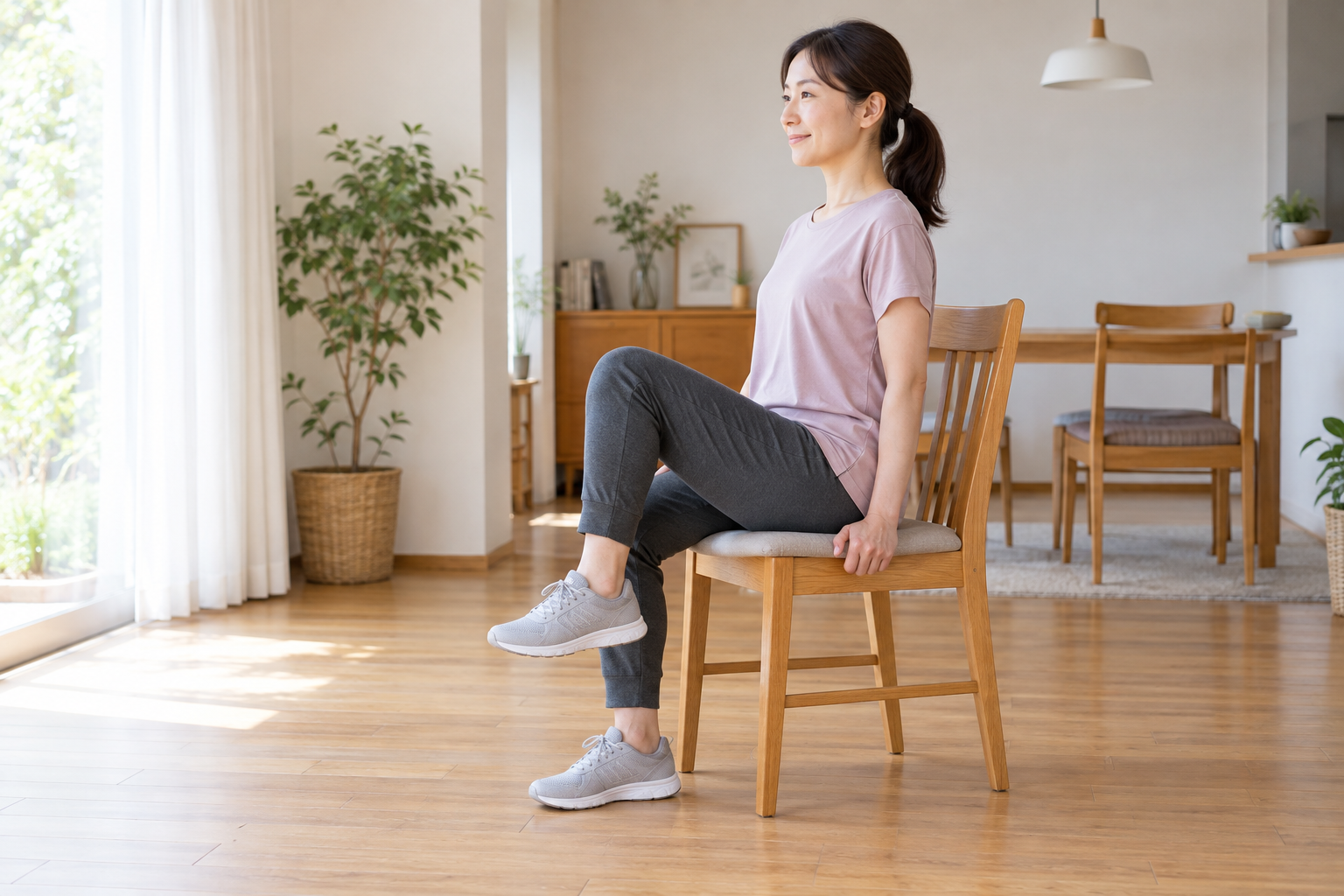 安定した椅子に座って片方の膝を少し上げる成人のイメージ
