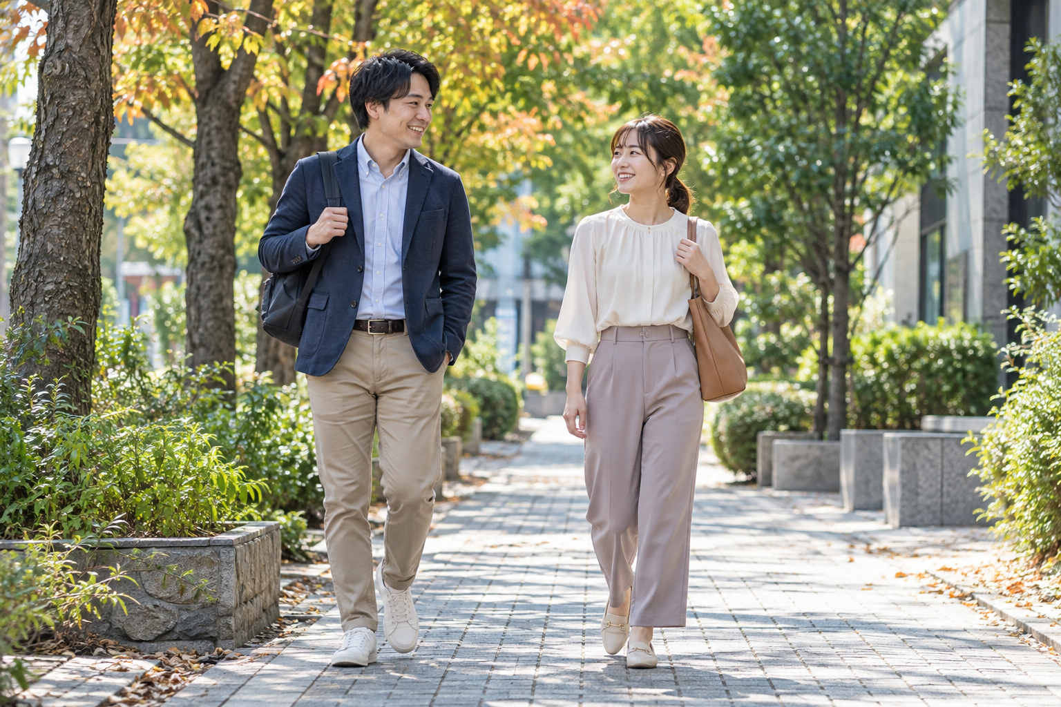 仕事の合間に自然な歩幅で歩く成人二人のイメージ