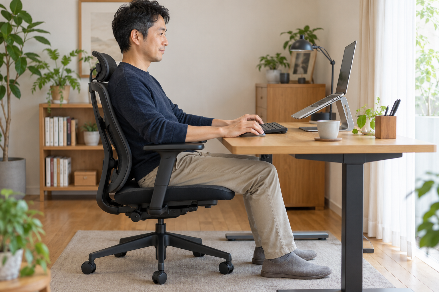 足を床につけて机と椅子の位置を確認する男性のイメージ