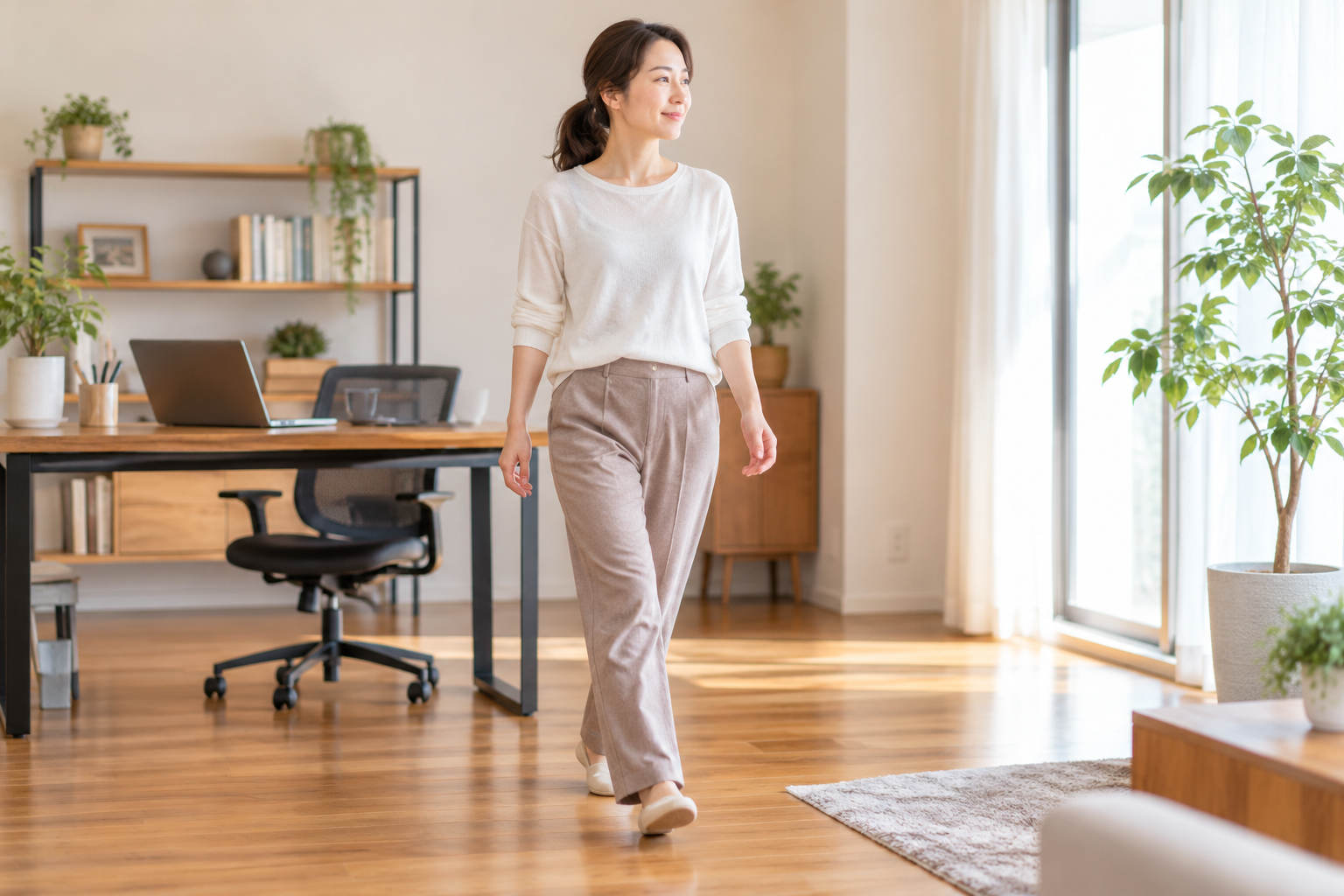 デスクワークの合間に室内を歩く女性のイメージ