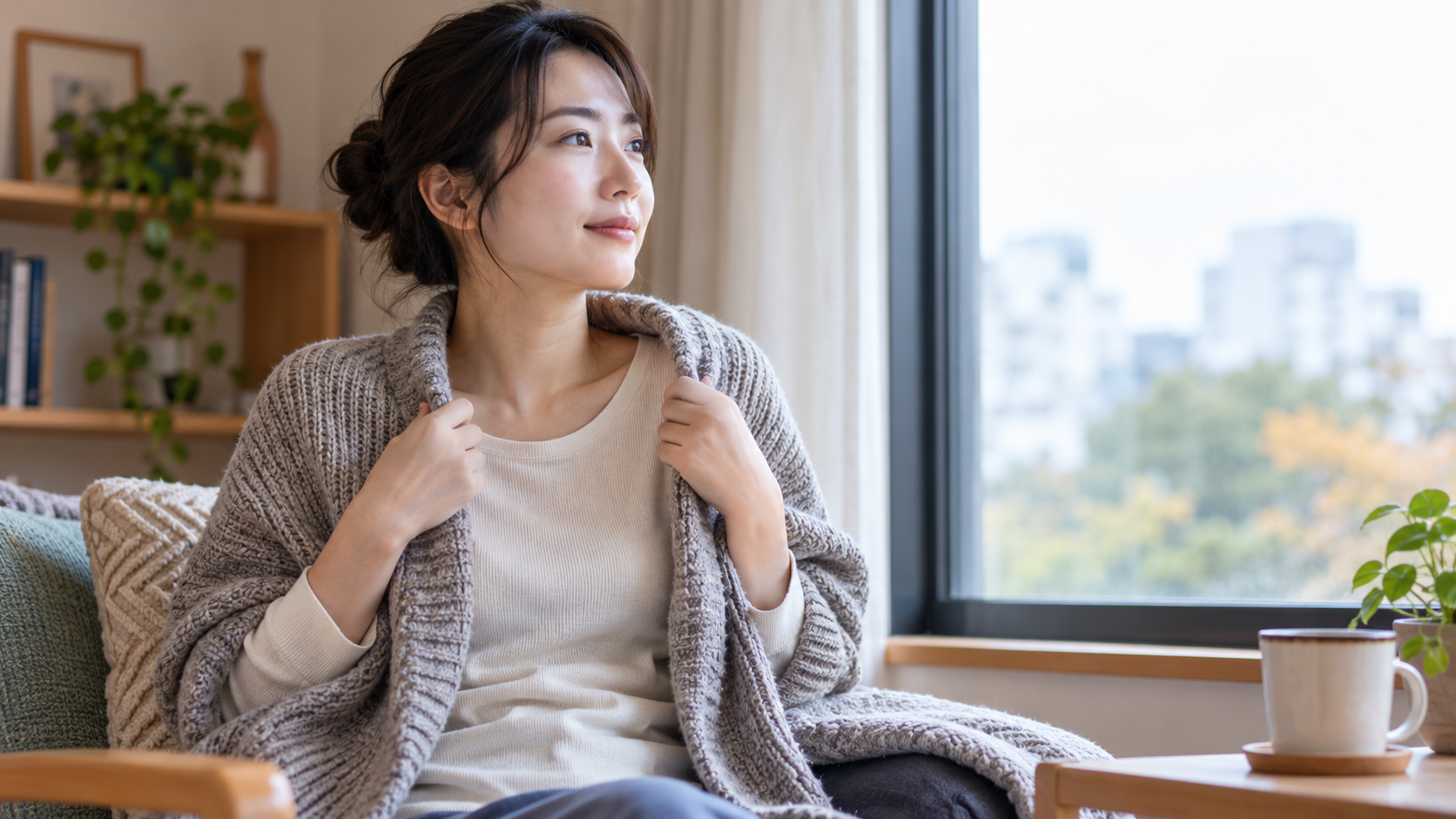 窓辺で寒さに合わせて上着を羽織る女性のイメージ