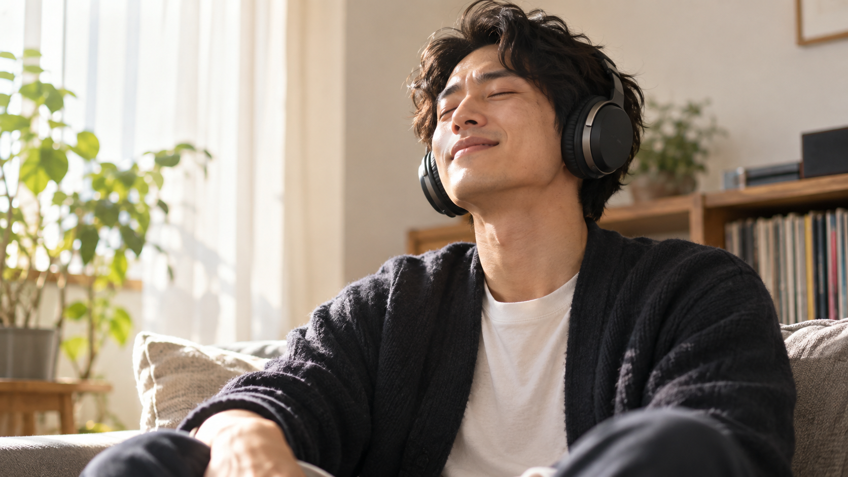 自宅でヘッドホンを使って音楽を聴く男性のイメージ