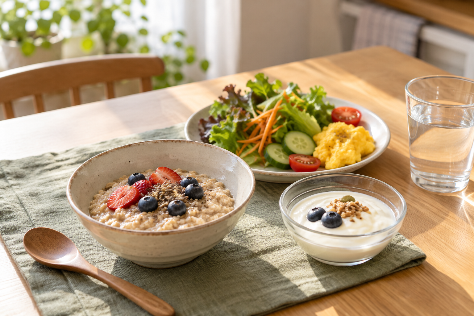 オートミール、果物、野菜と水を食卓に用意したイメージ