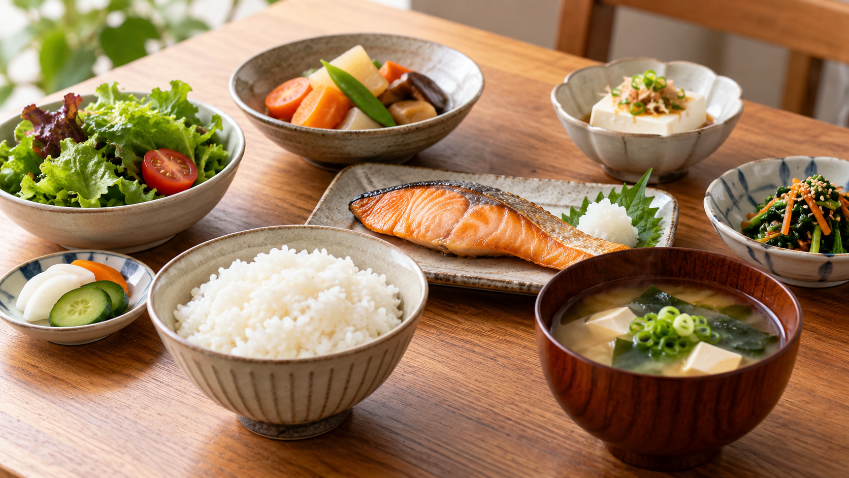 ご飯、主菜、野菜と汁物を組み合わせた日常の食事のイメージ
