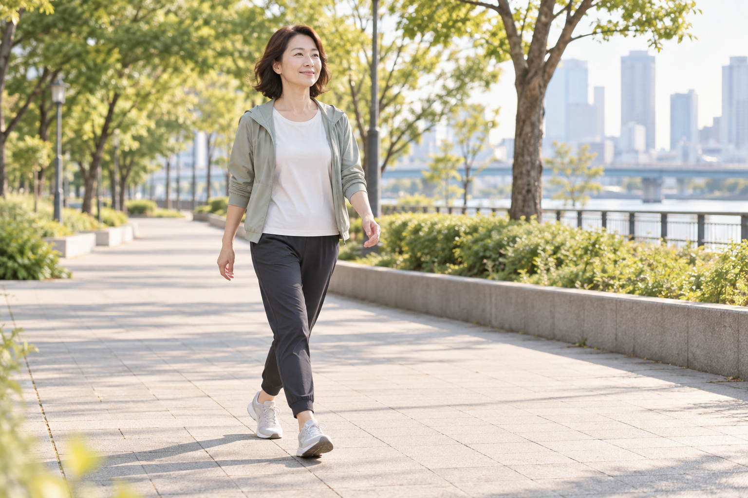 平らな道を無理のない歩幅で歩く女性