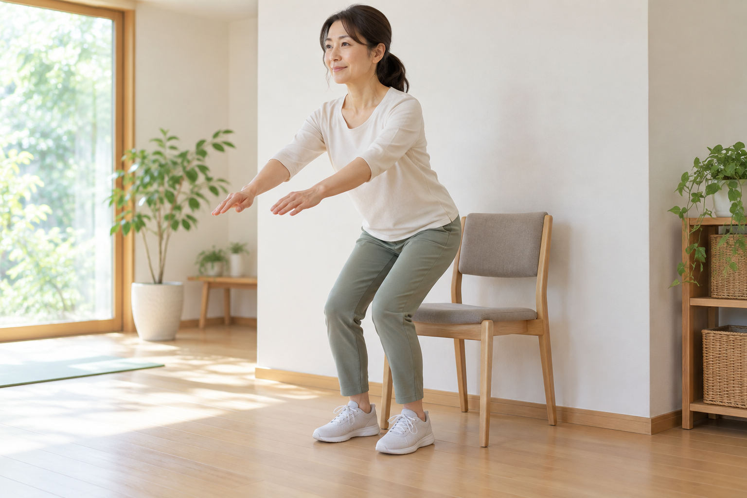 安定した椅子からゆっくり立ち上がる練習をする女性