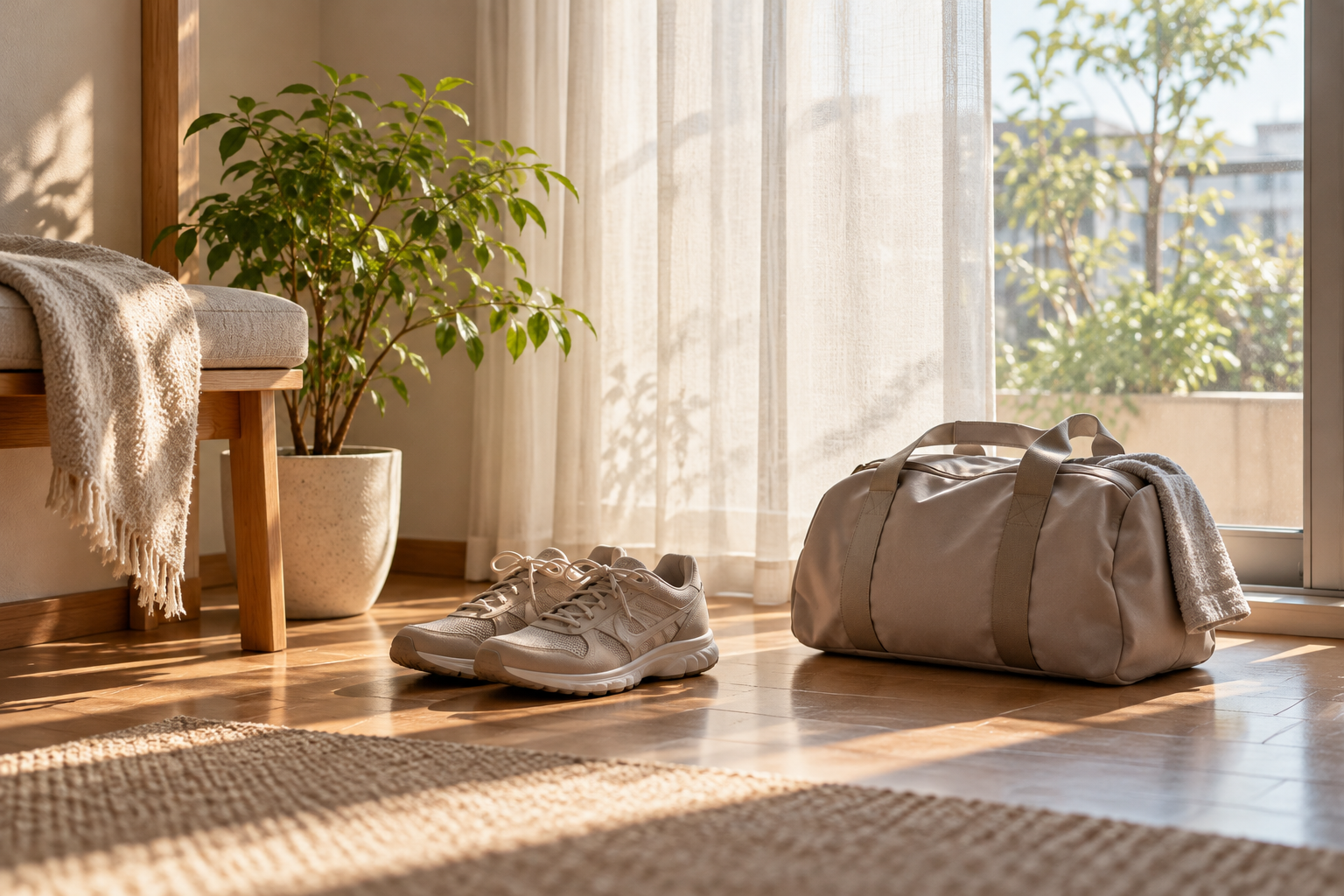 朝日が入る部屋に置いた運動靴とジムバッグのイメージ