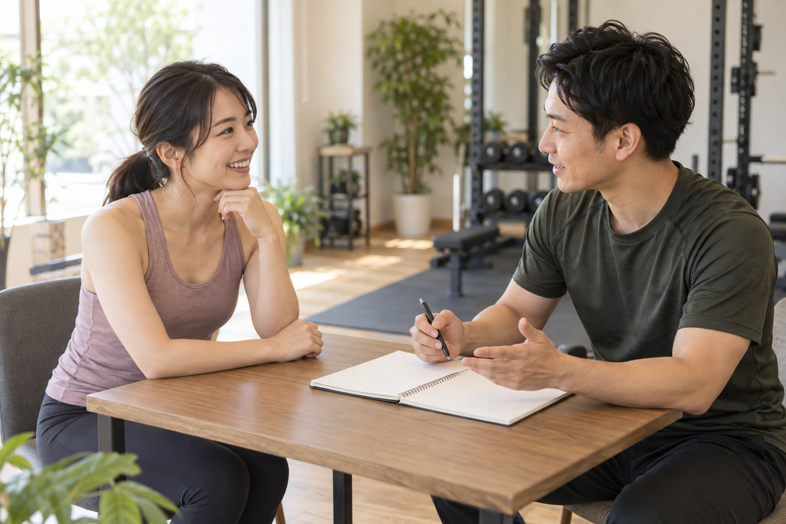 トレーナーと運動の目的や始め方を相談する女性