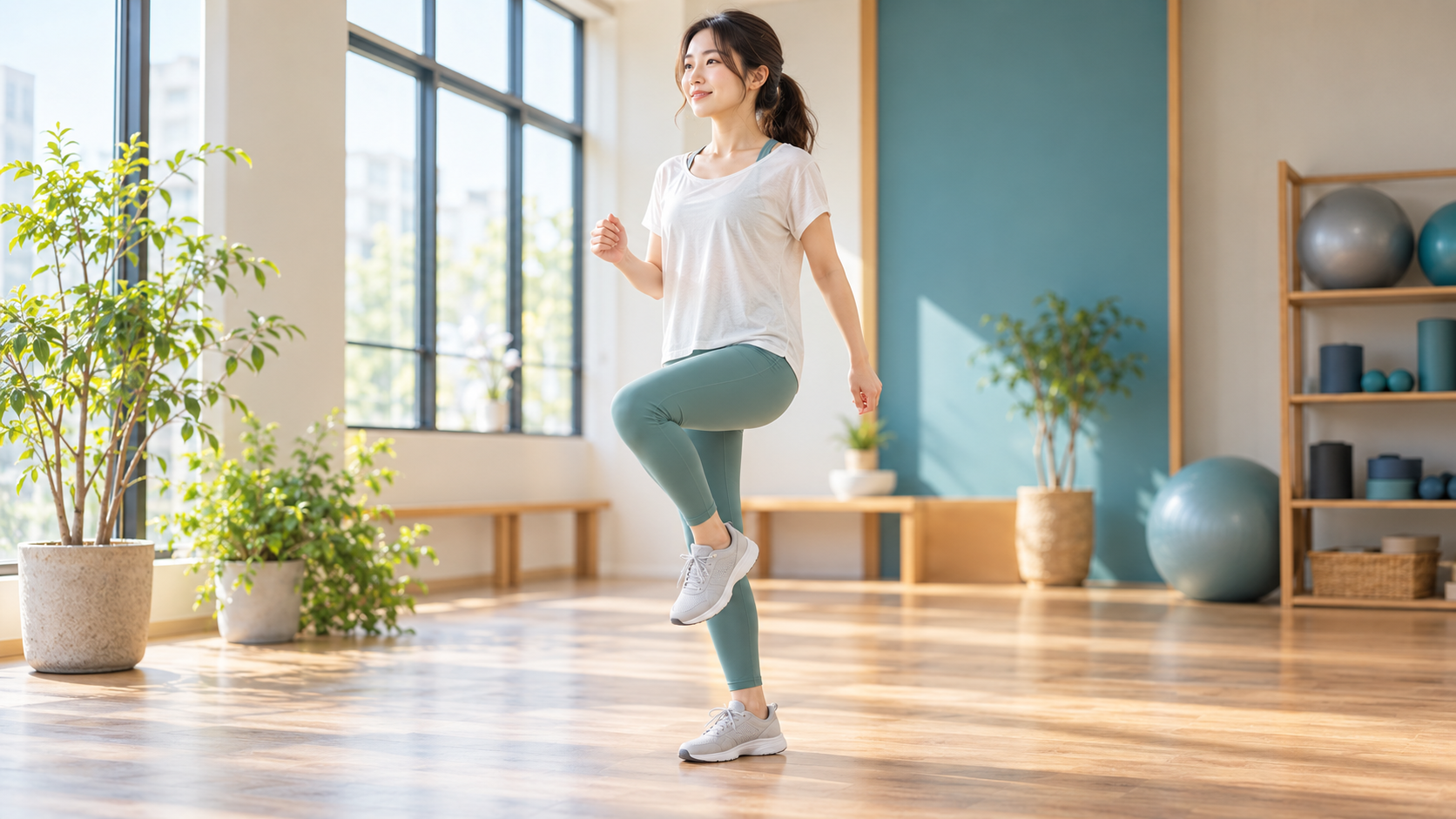 明るい運動室で軽く足踏みをする女性のイメージ