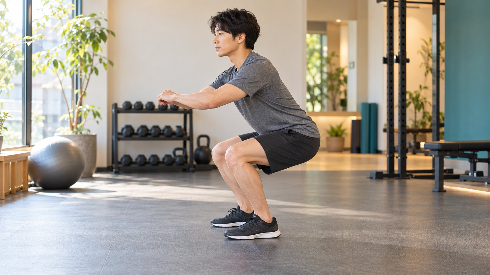 重りを持たずに浅いスクワットを練習する男性のイメージ
