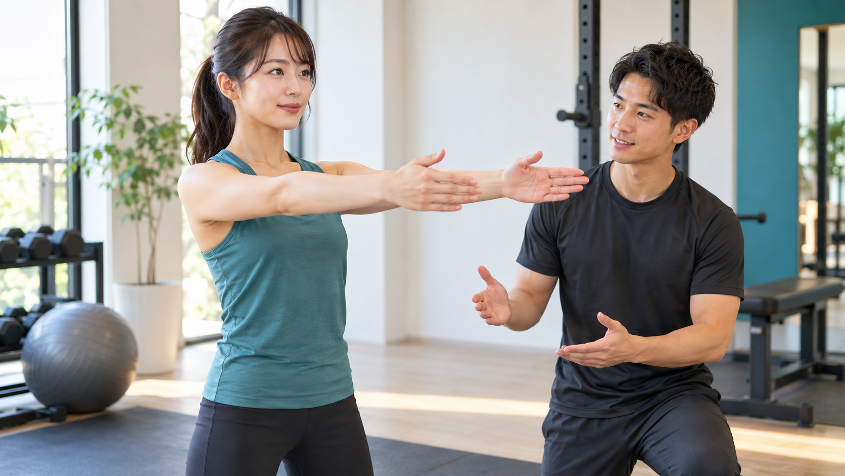 トレーナーの観察のもとで腕を前へ動かす女性のイメージ