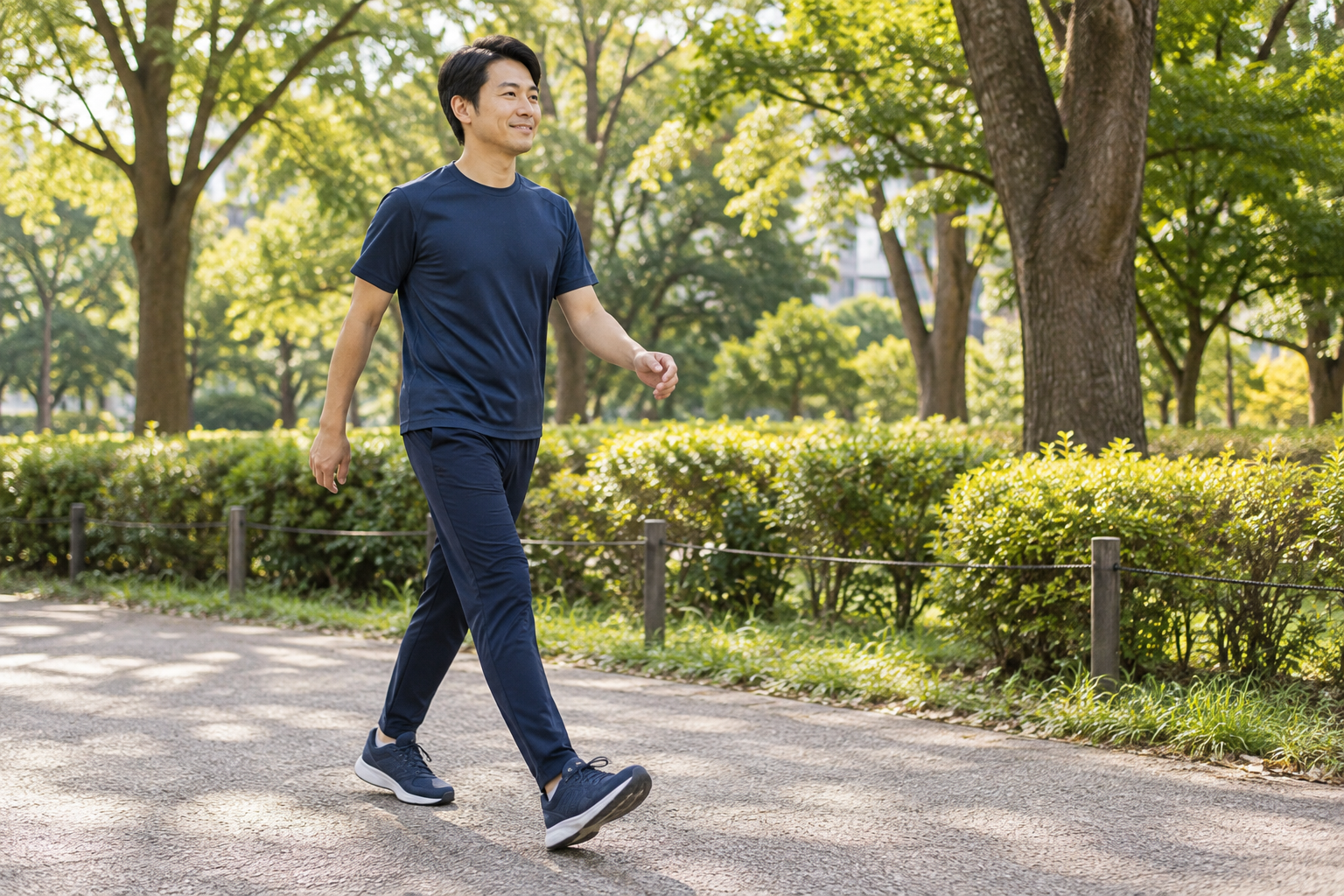 平らな公園の道を落ち着いたペースで歩く男性