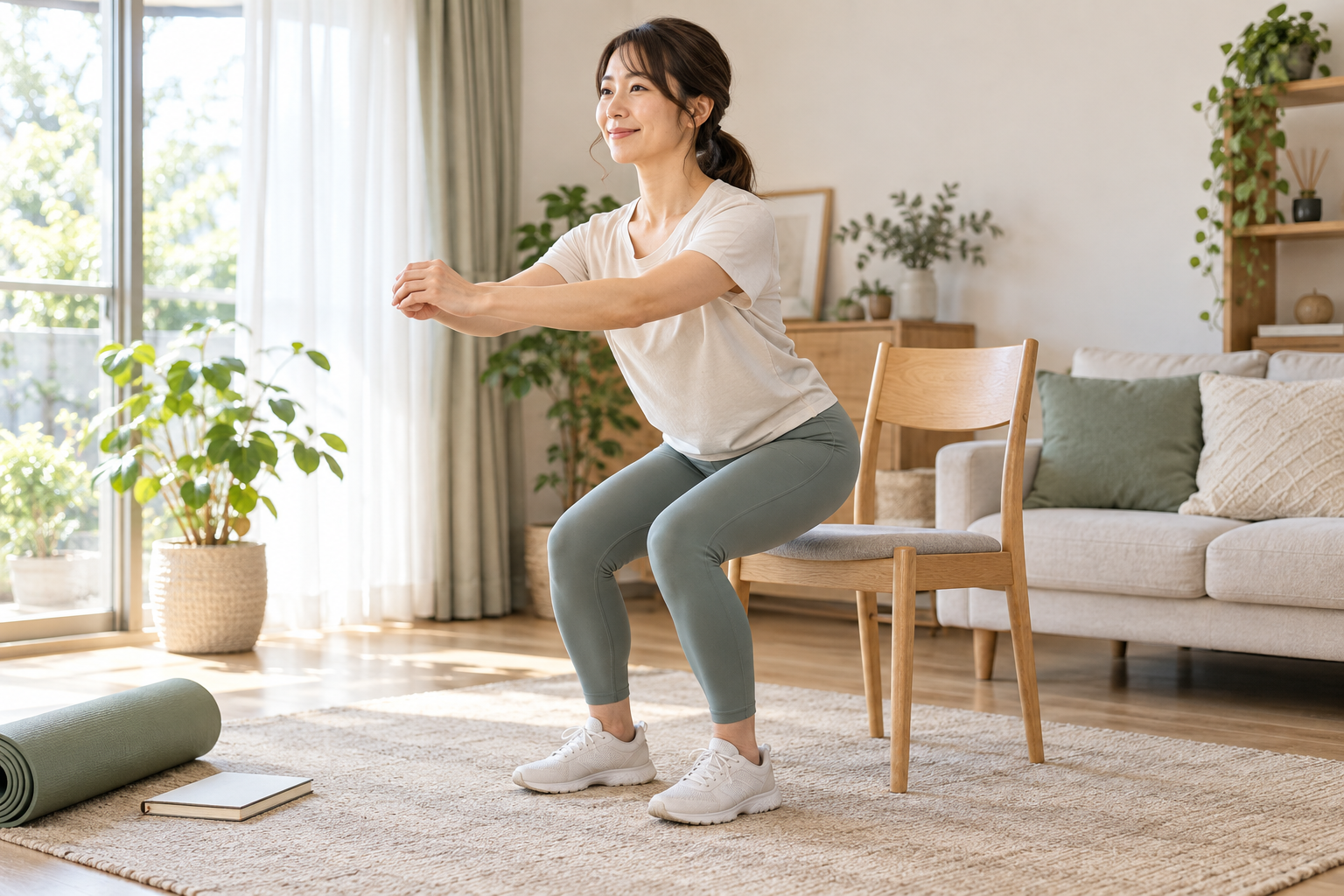 自宅で椅子を使って身体を動かす自主練習のイメージ