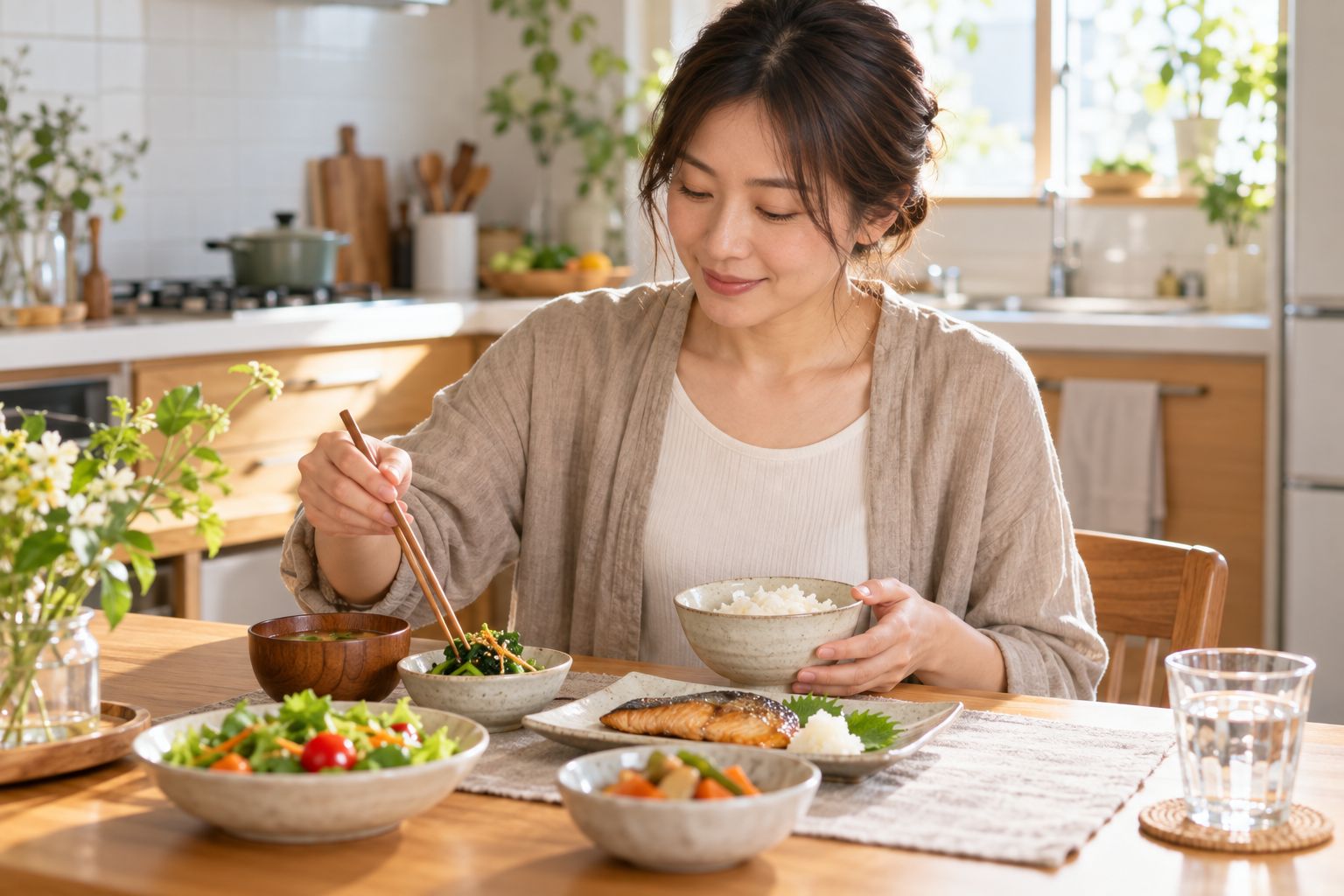 普段の食事に戻って主食とおかずを食べる女性のイメージ