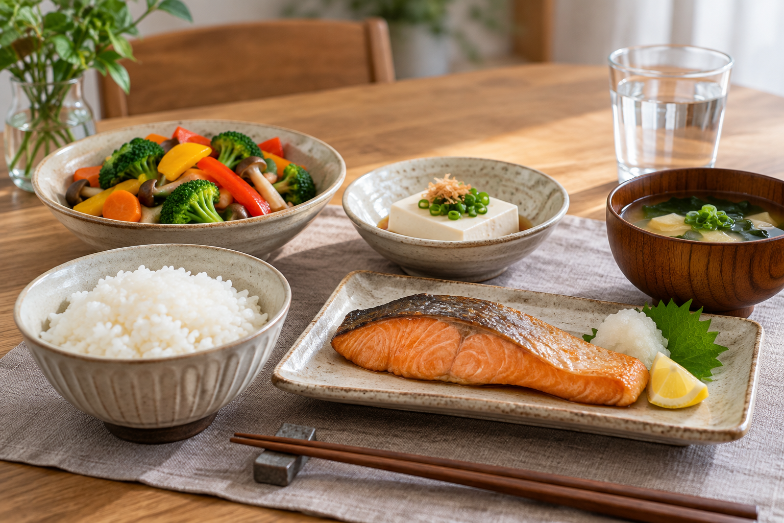 日々の食事を整えるご飯と魚、豆腐、野菜