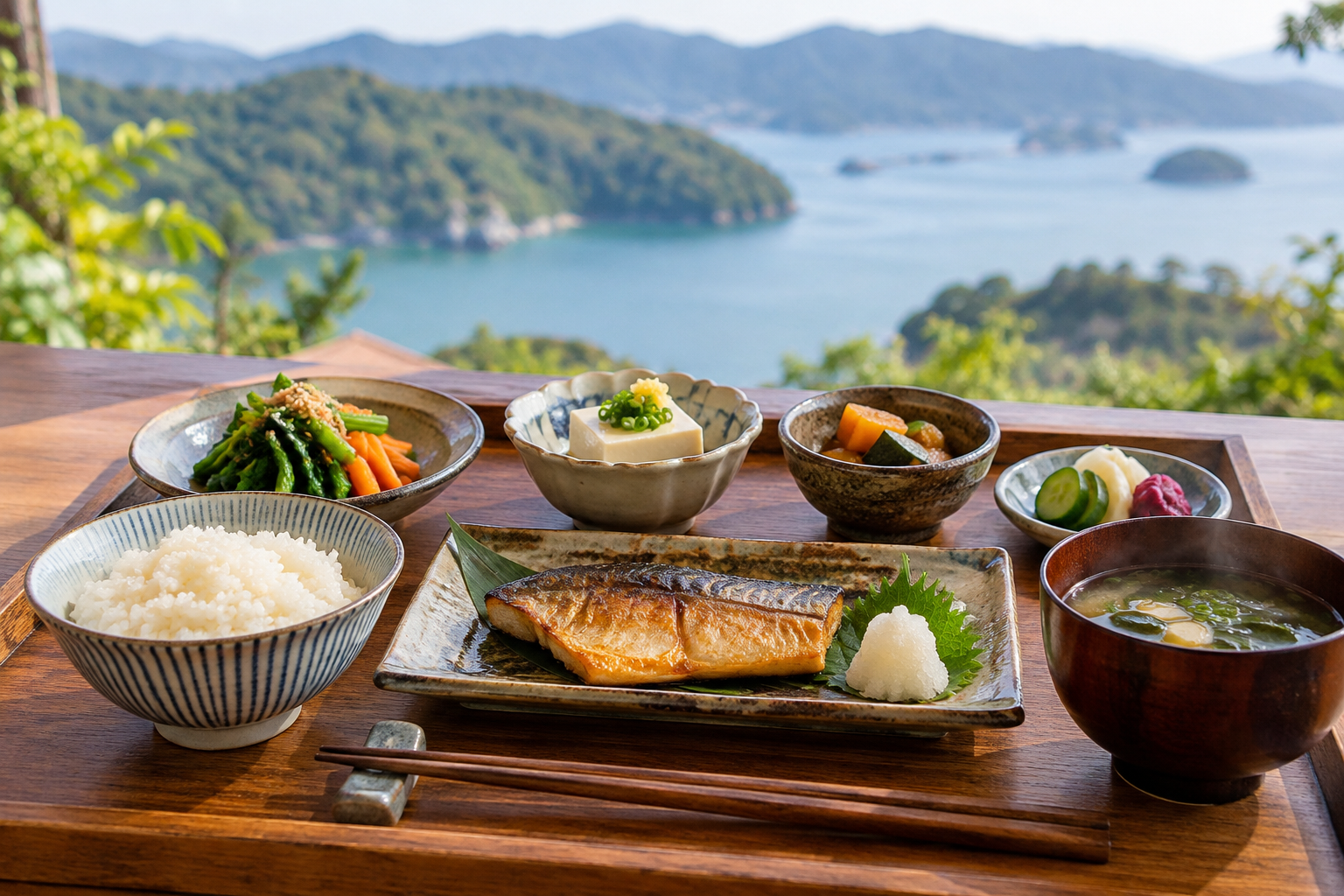 ご飯・魚・豆腐・野菜・汁物を組み合わせた食事
