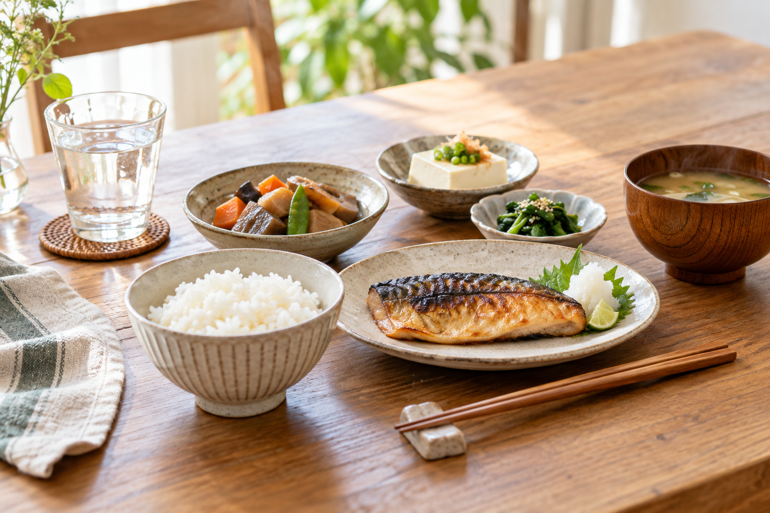 普段の食事を振り返るイメージの、主食とおかずを並べた食卓