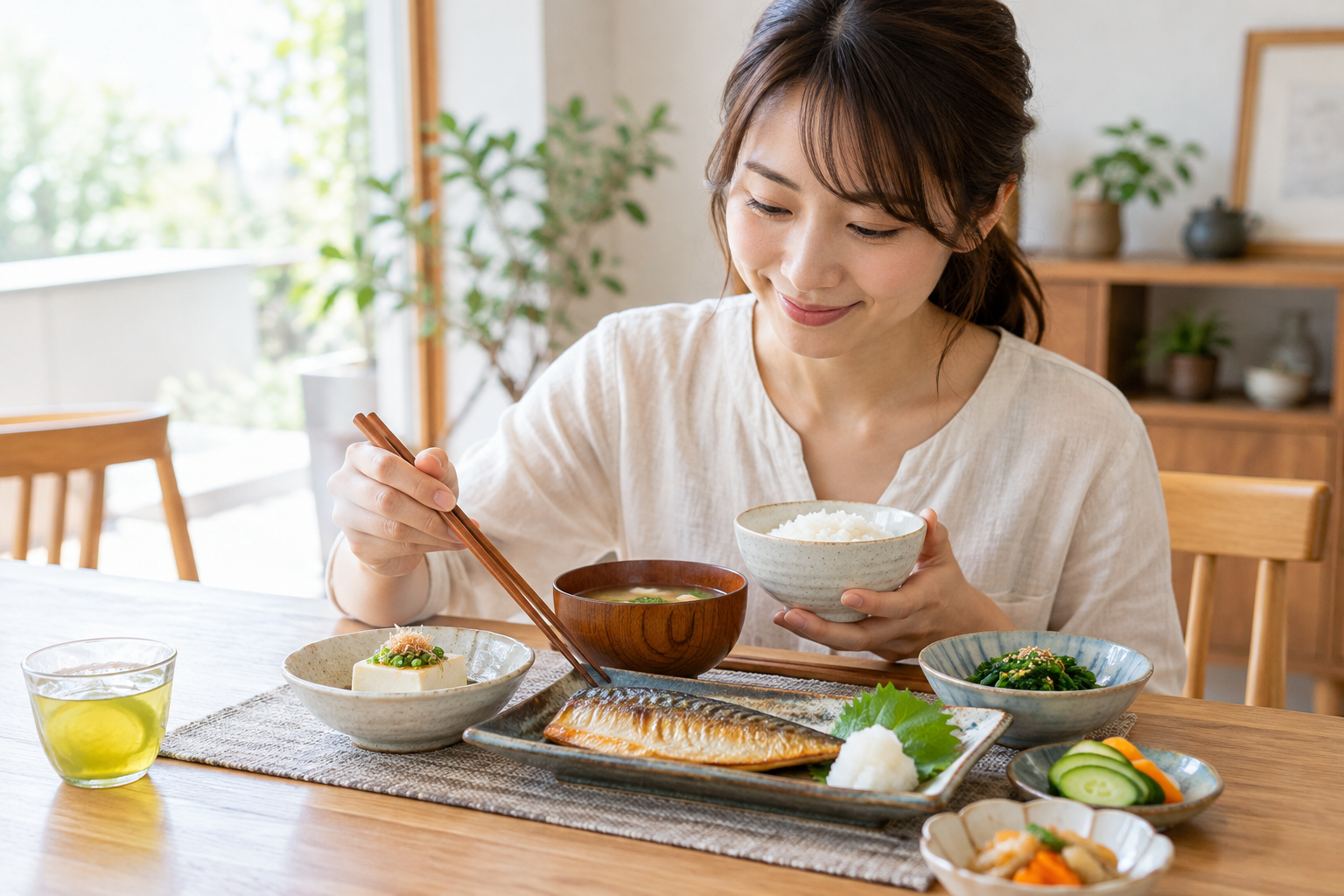 魚や豆腐などの主菜と主食・野菜を組み合わせた食事