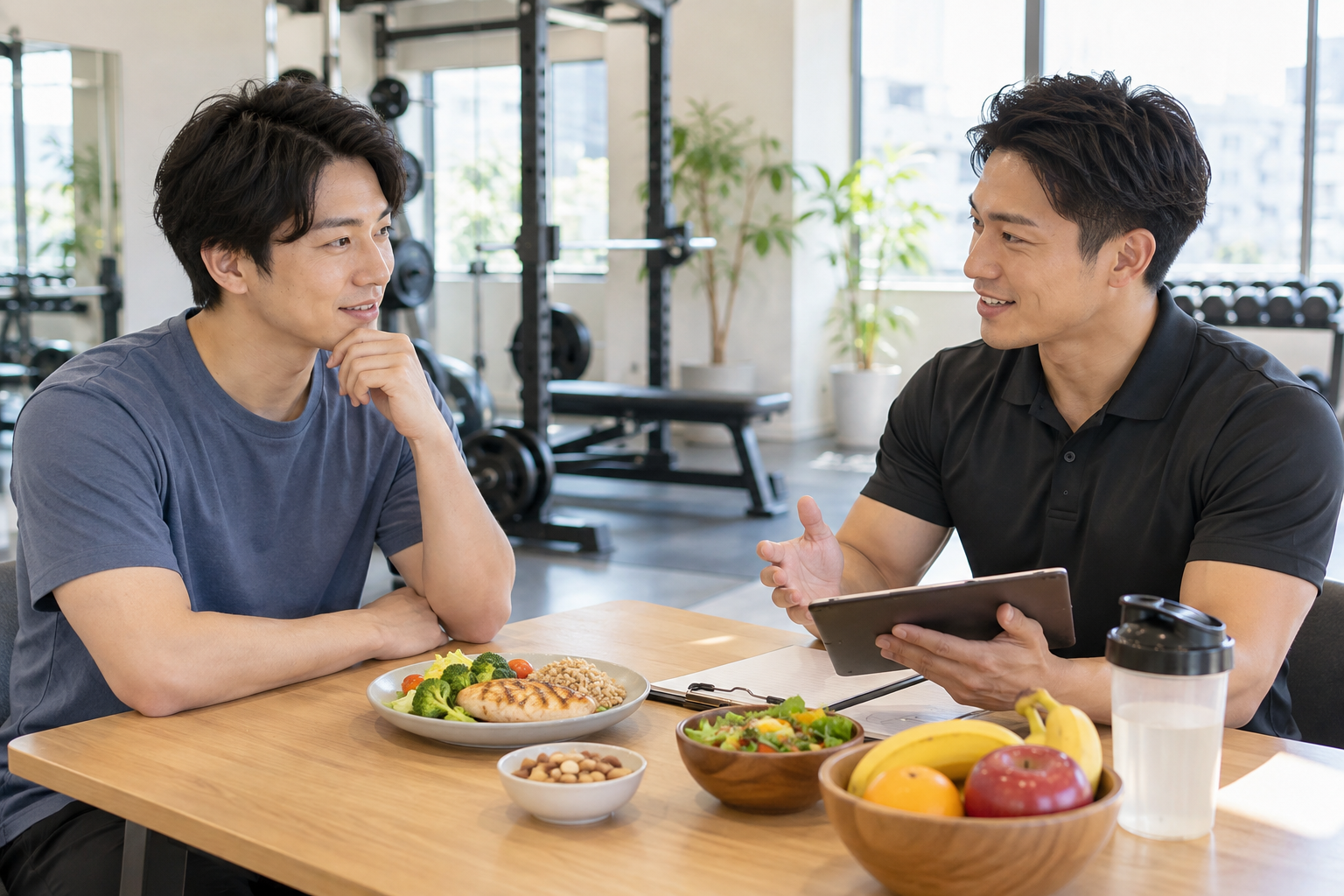 トレーナーに普段の食事を相談する男性
