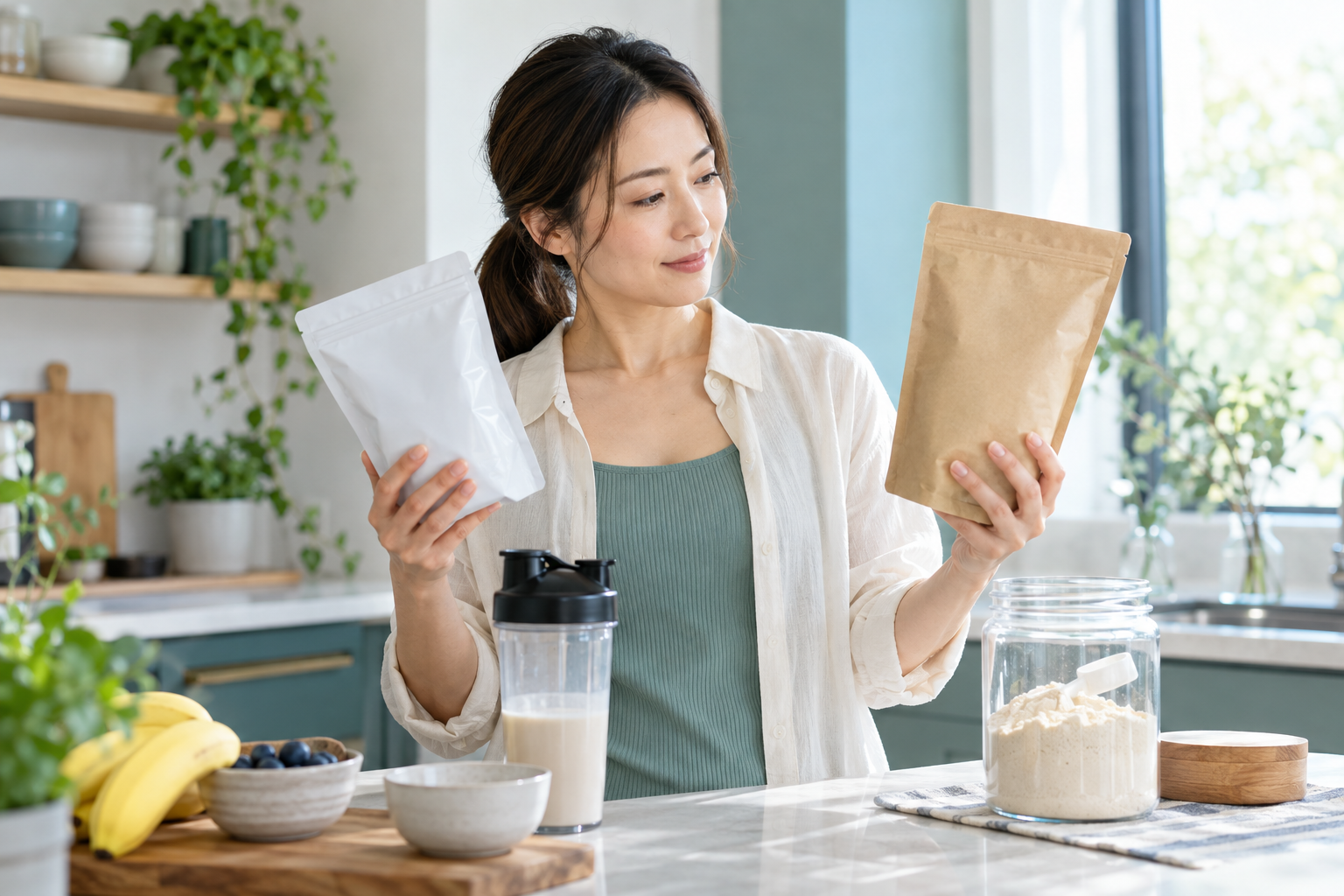 プロテインのパッケージを比較する女性