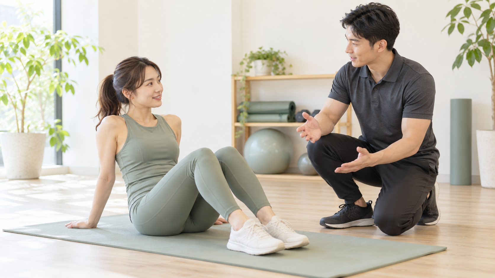 トレーニングの動きをトレーナーに相談する女性のイメージ