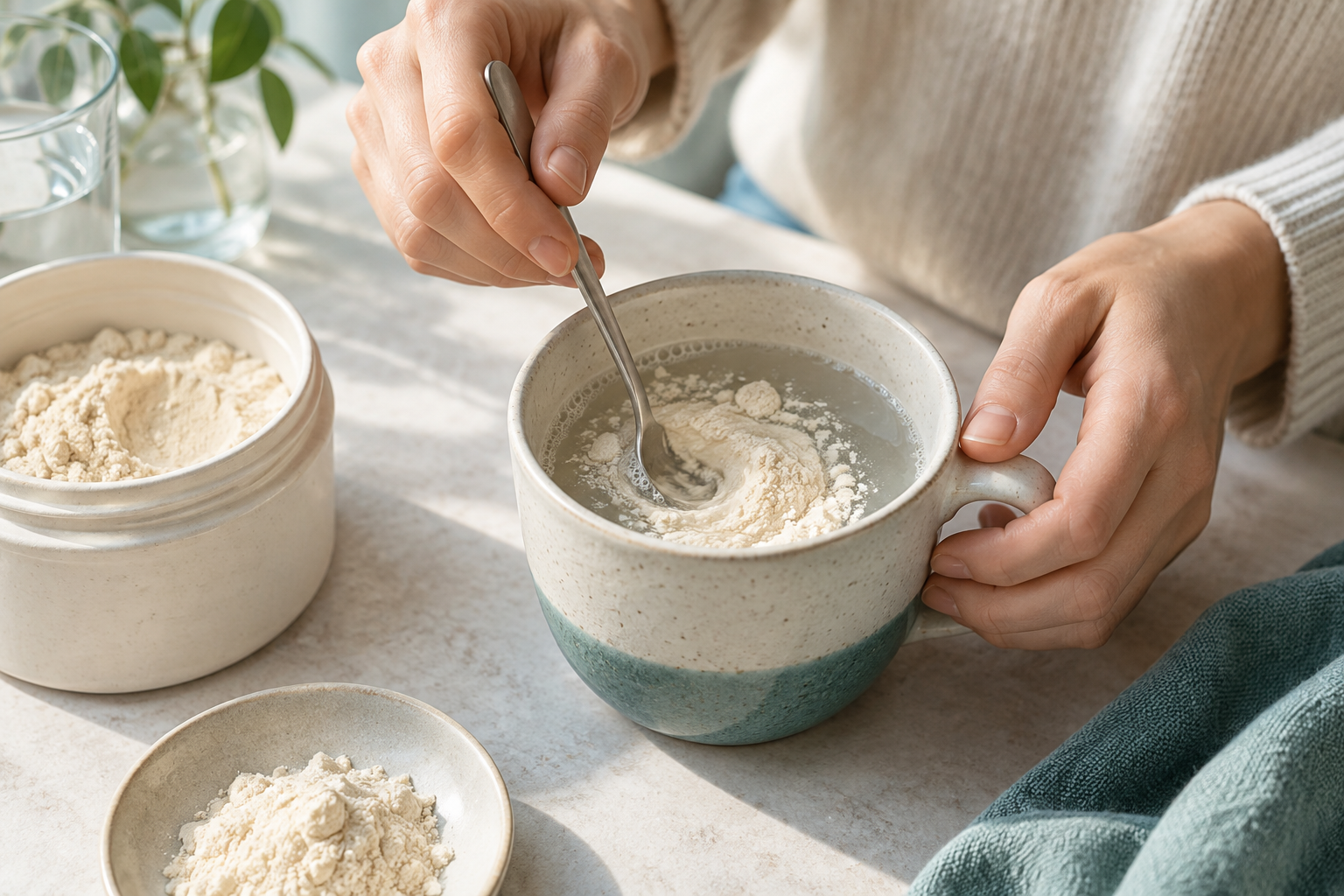 開いたカップで粉末と水をスプーンで混ぜる手元