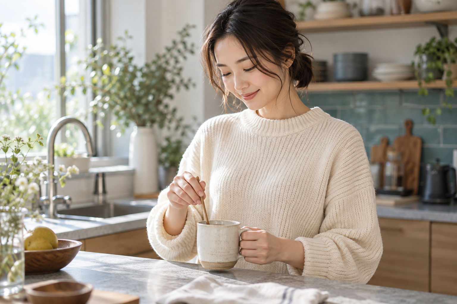 キッチンでマグカップの飲み物を混ぜる女性