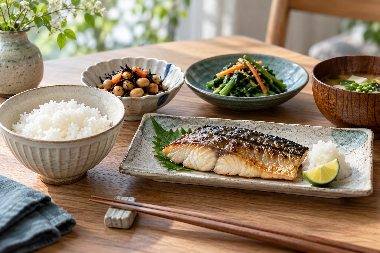 ご飯と焼き魚、豆、野菜を組み合わせた食事