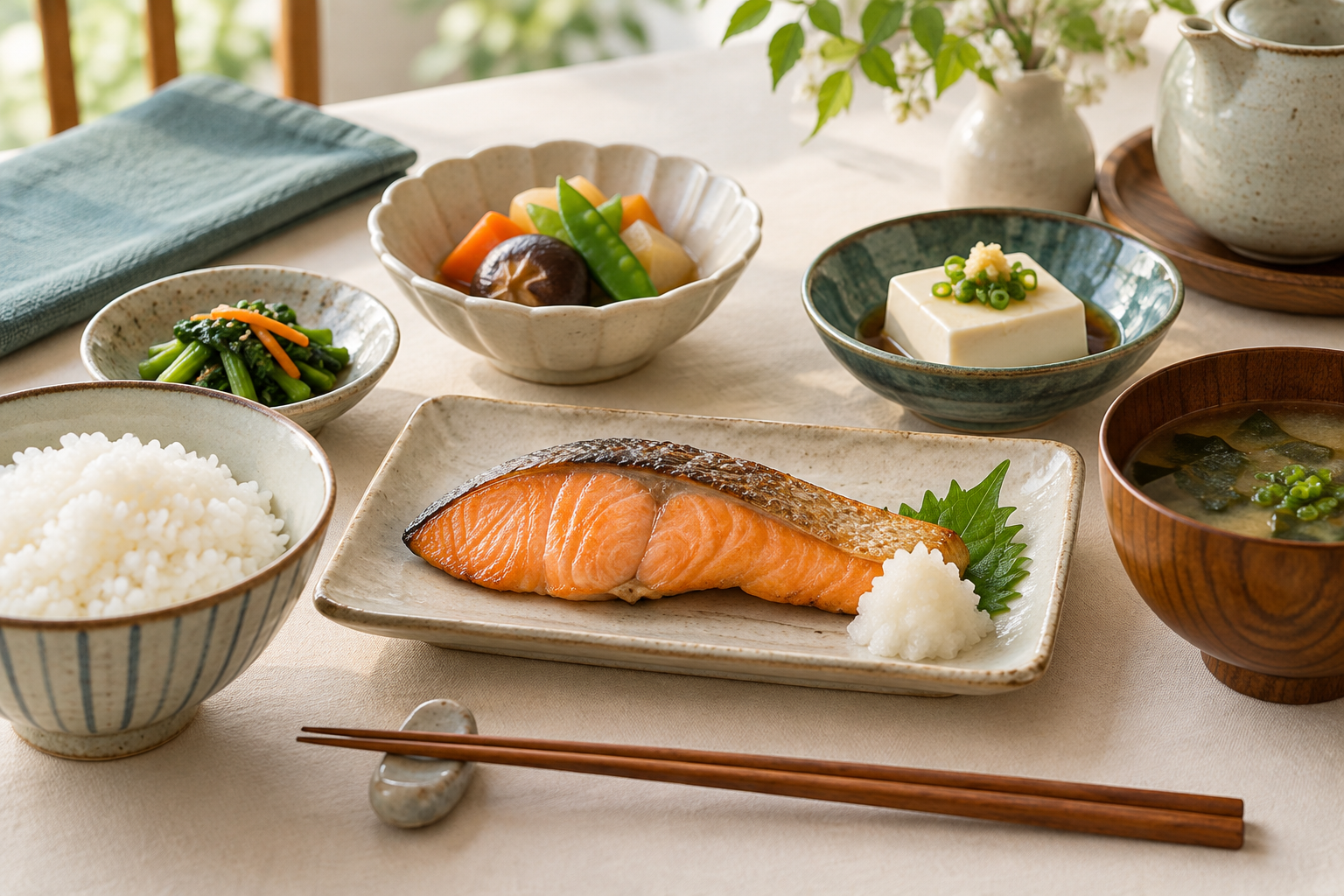 ご飯と魚・豆腐・野菜を組み合わせた食事