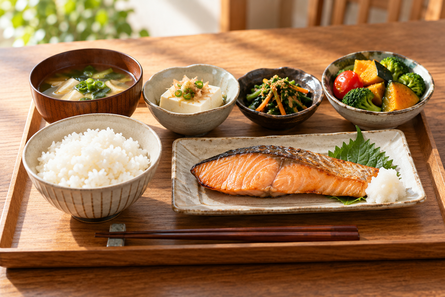 主食・魚・大豆製品・野菜を組み合わせた食事のイメージ