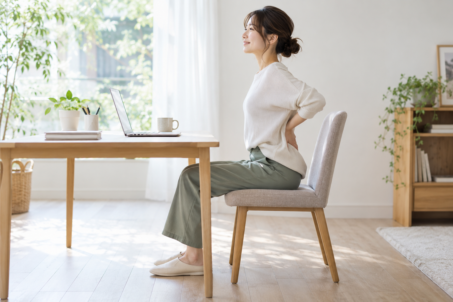 安定した椅子に座り、作業中の姿勢を変える女性のイメージ