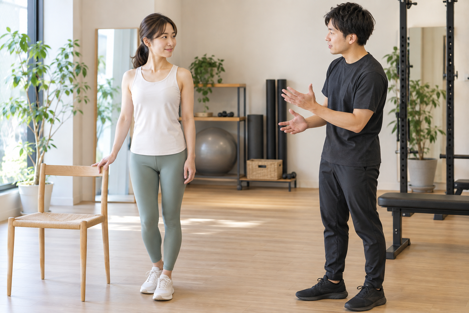 椅子のそばで日常の動きについてトレーナーと相談する女性のイメージ