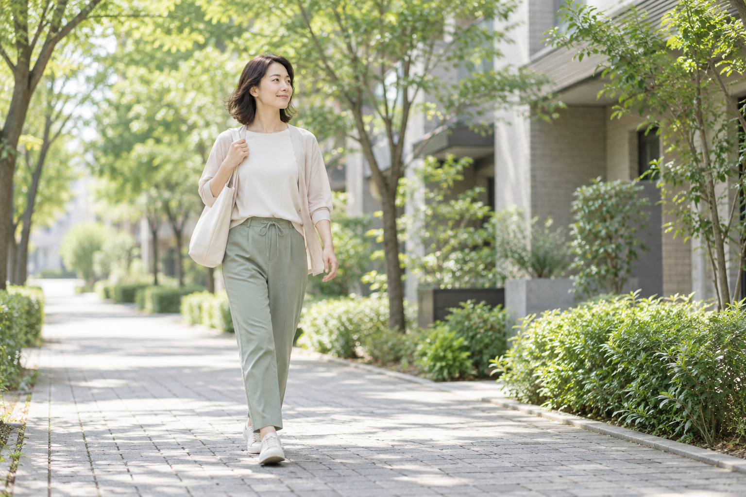 街路樹のある歩道を無理のないペースで歩く女性のイメージ