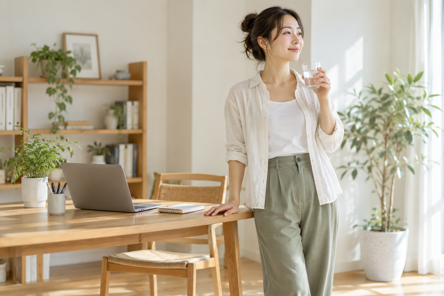 自宅の作業机から離れて短い立位休憩を取る女性のイメージ