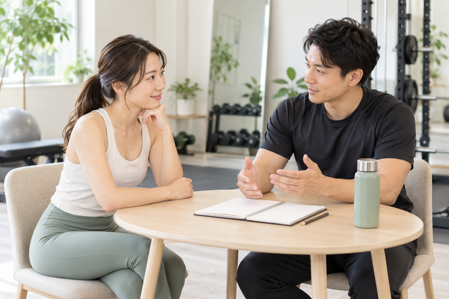 運動の負荷や日程についてトレーナーとノートを見ながら相談する女性のイメージ