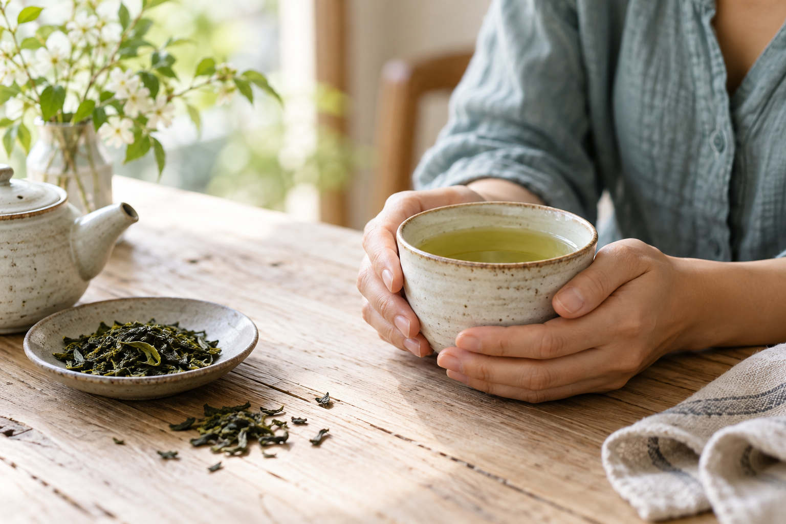 緑茶と茶葉を並べた飲み物のイメージ