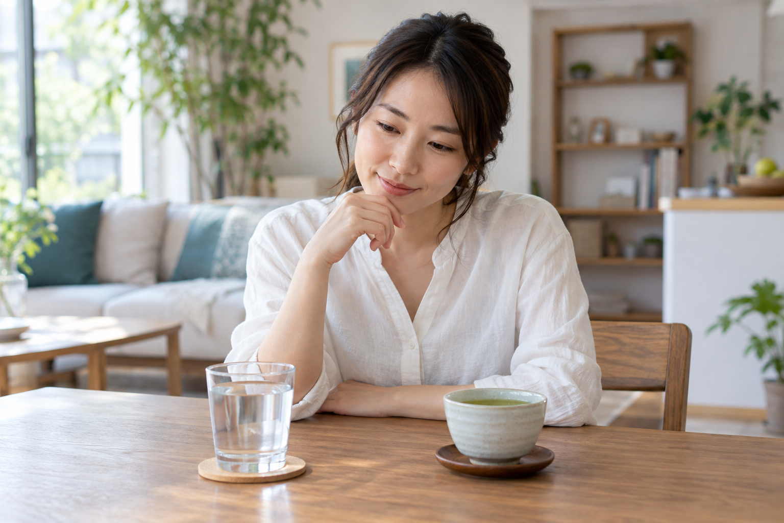 緑茶と水から飲み物を選ぶイメージ