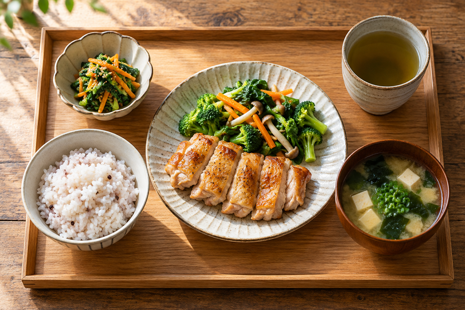 ご飯と鶏肉、野菜、汁物を組み合わせた昼食のイメージ