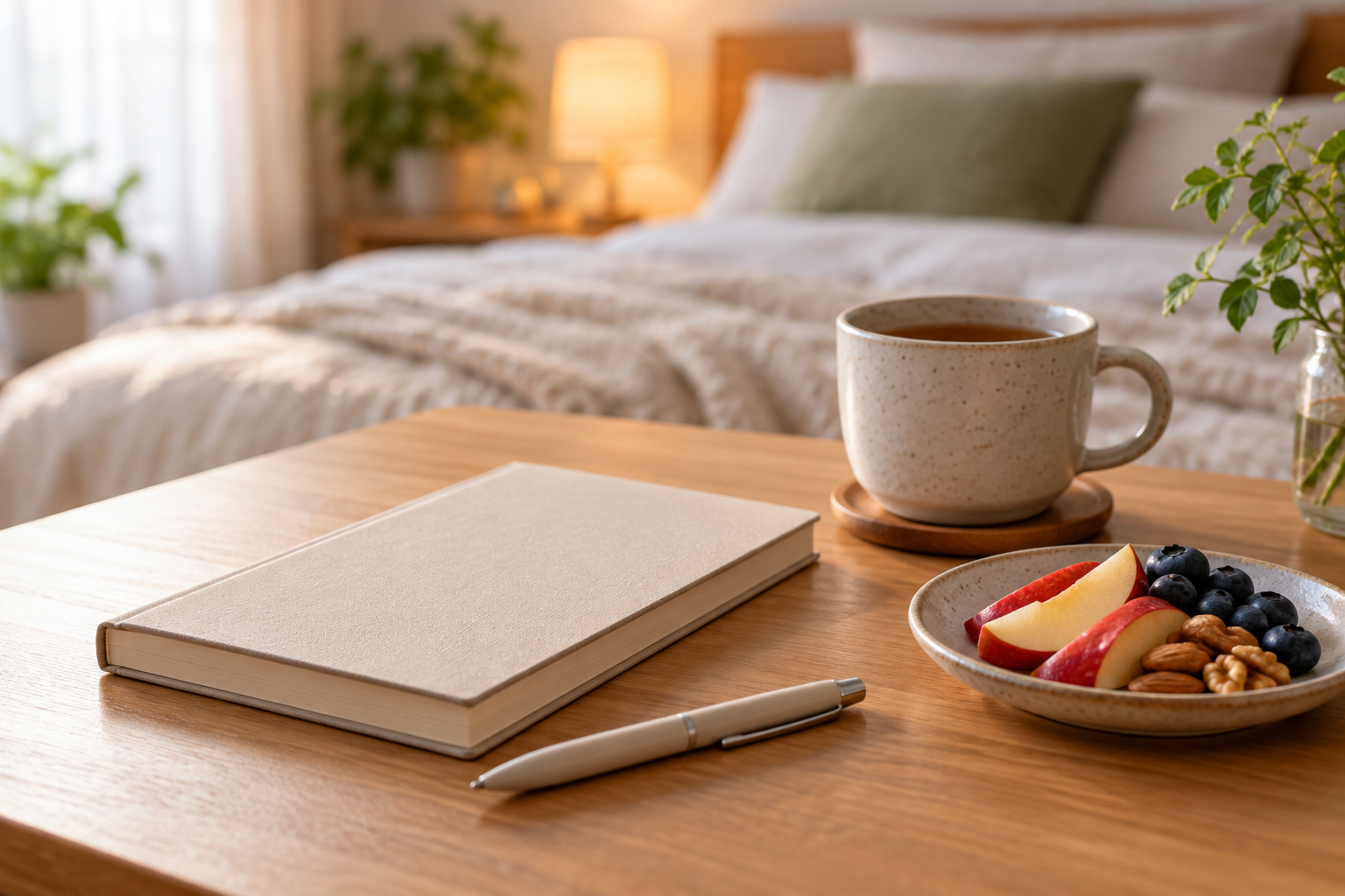 ノートとお茶、果物を置いた落ち着いた室内のイメージ