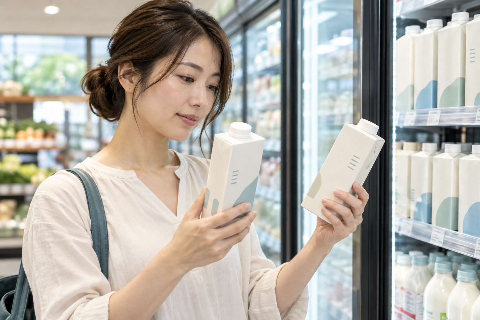 売り場で飲料の表示を比較する女性のイメージ