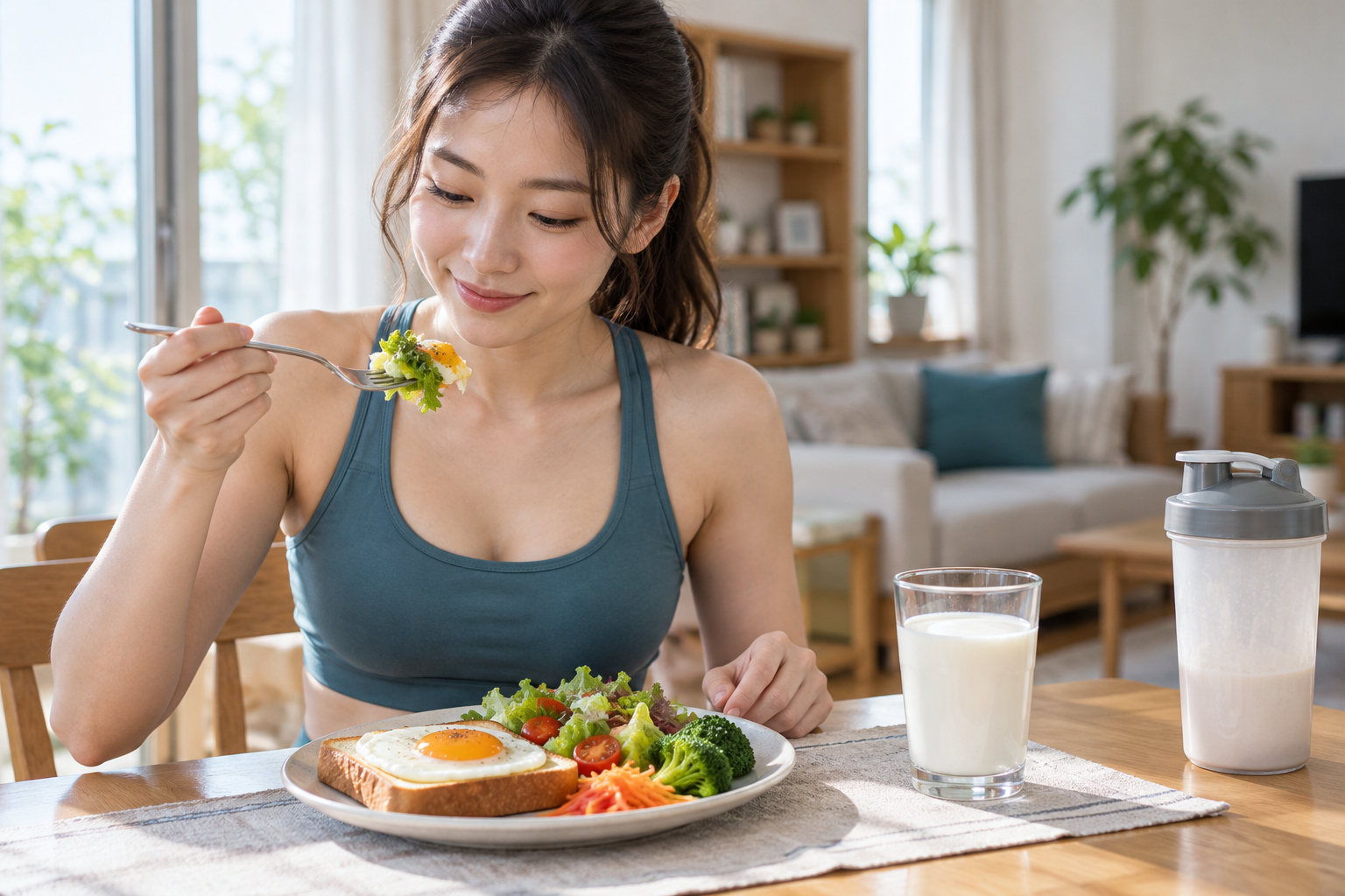 朝食と牛乳で食事を整える女性のイメージ