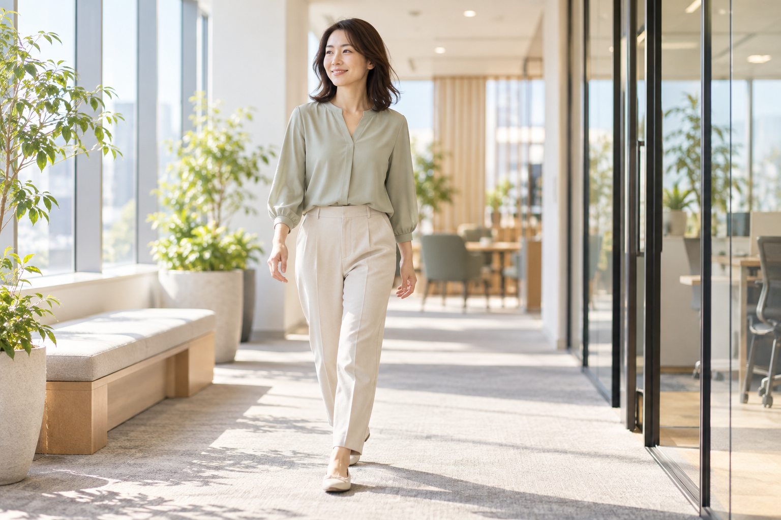 仕事の休憩にオフィスの廊下を歩く女性のイメージ