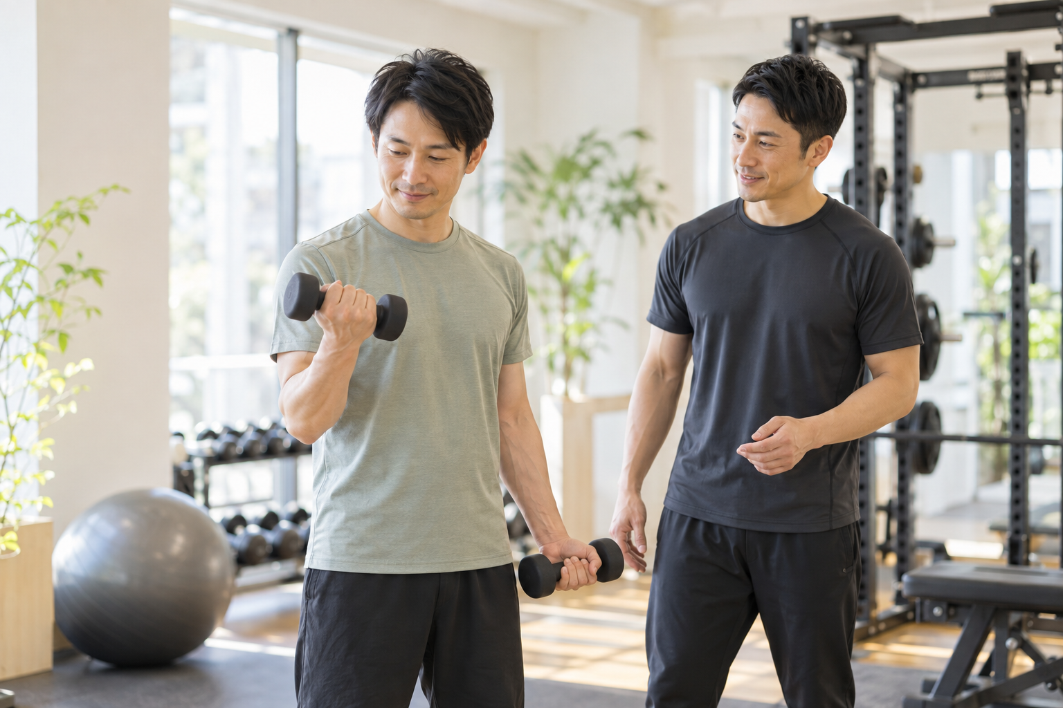 軽いダンベルで腕の動きを練習する男性とトレーナーのイメージ