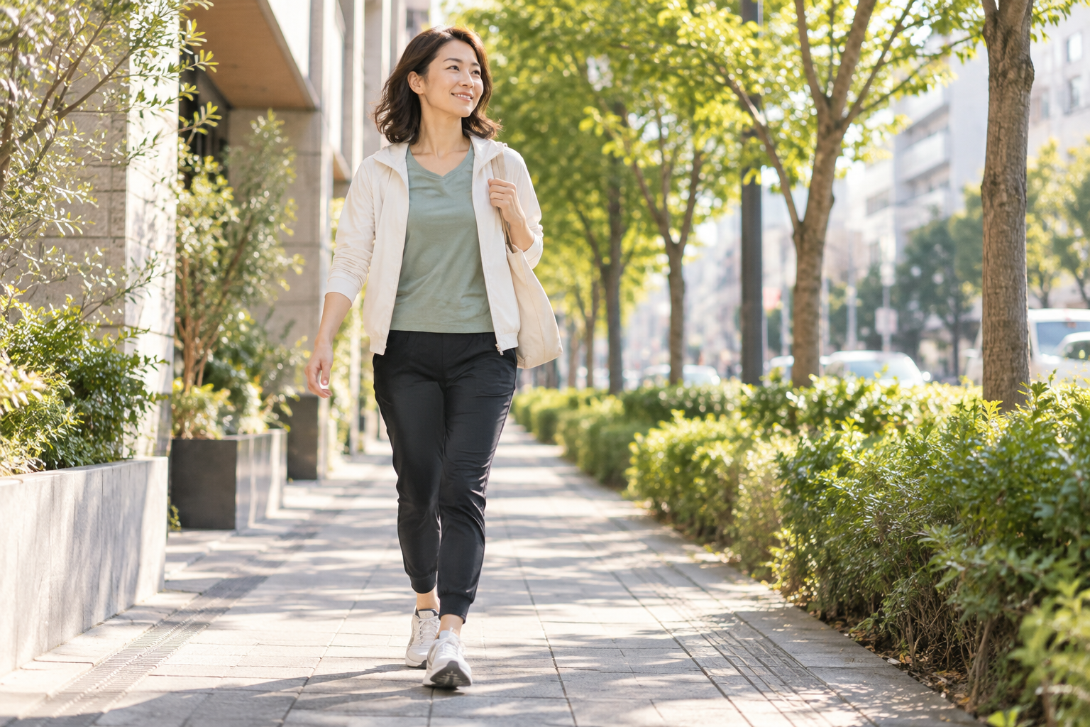 木々のある街中の歩道を歩く女性のイメージ