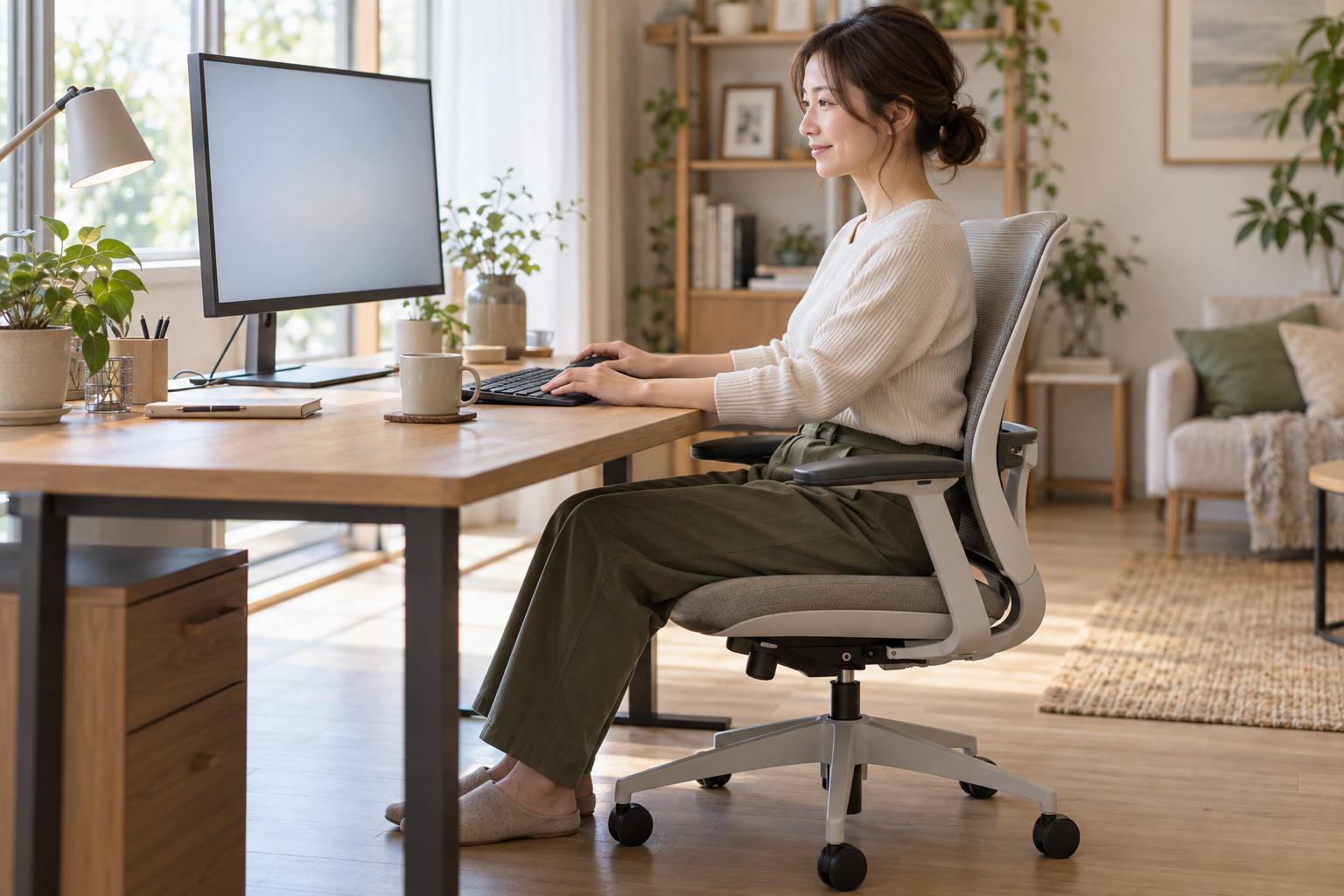 画面を正面に置き近くのキーボードとマウスを操作する女性のイメージ