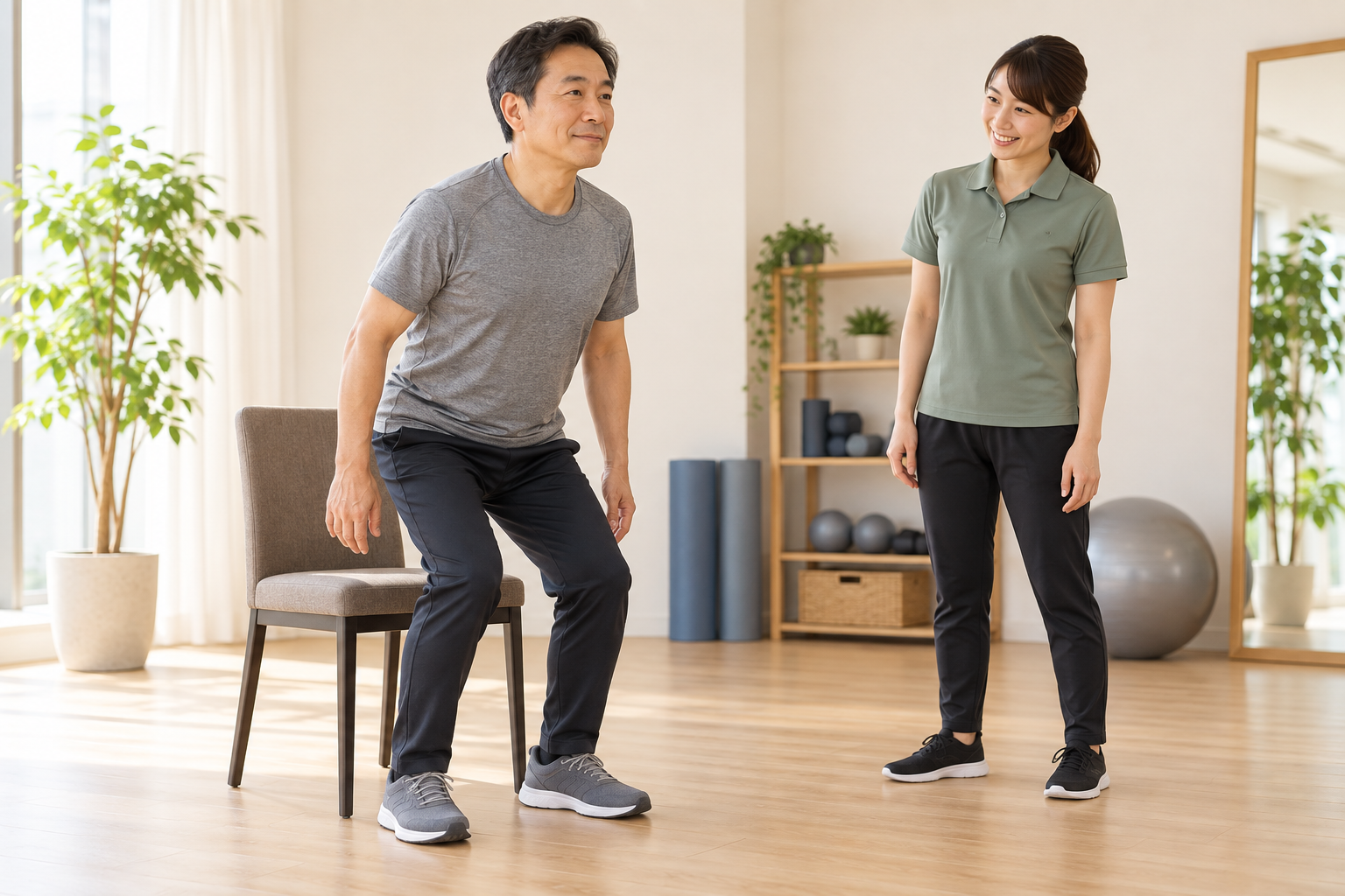 椅子から立ち上がる男性の動きを確認するトレーナーのイメージ