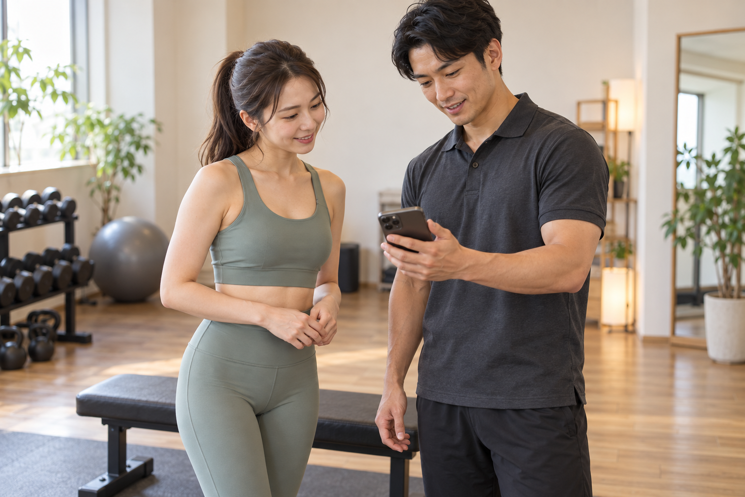 スマートフォンの運動記録をトレーナーと確認する女性のイメージ