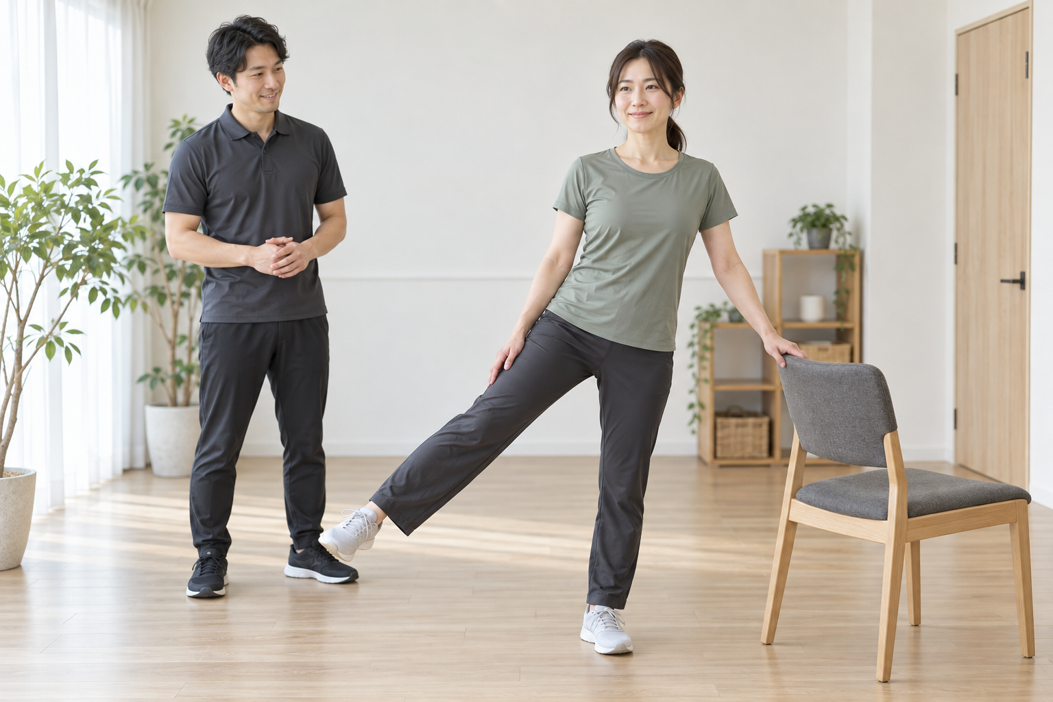 椅子のそばで基本の動きを確認する初心者とトレーナーのイメージ
