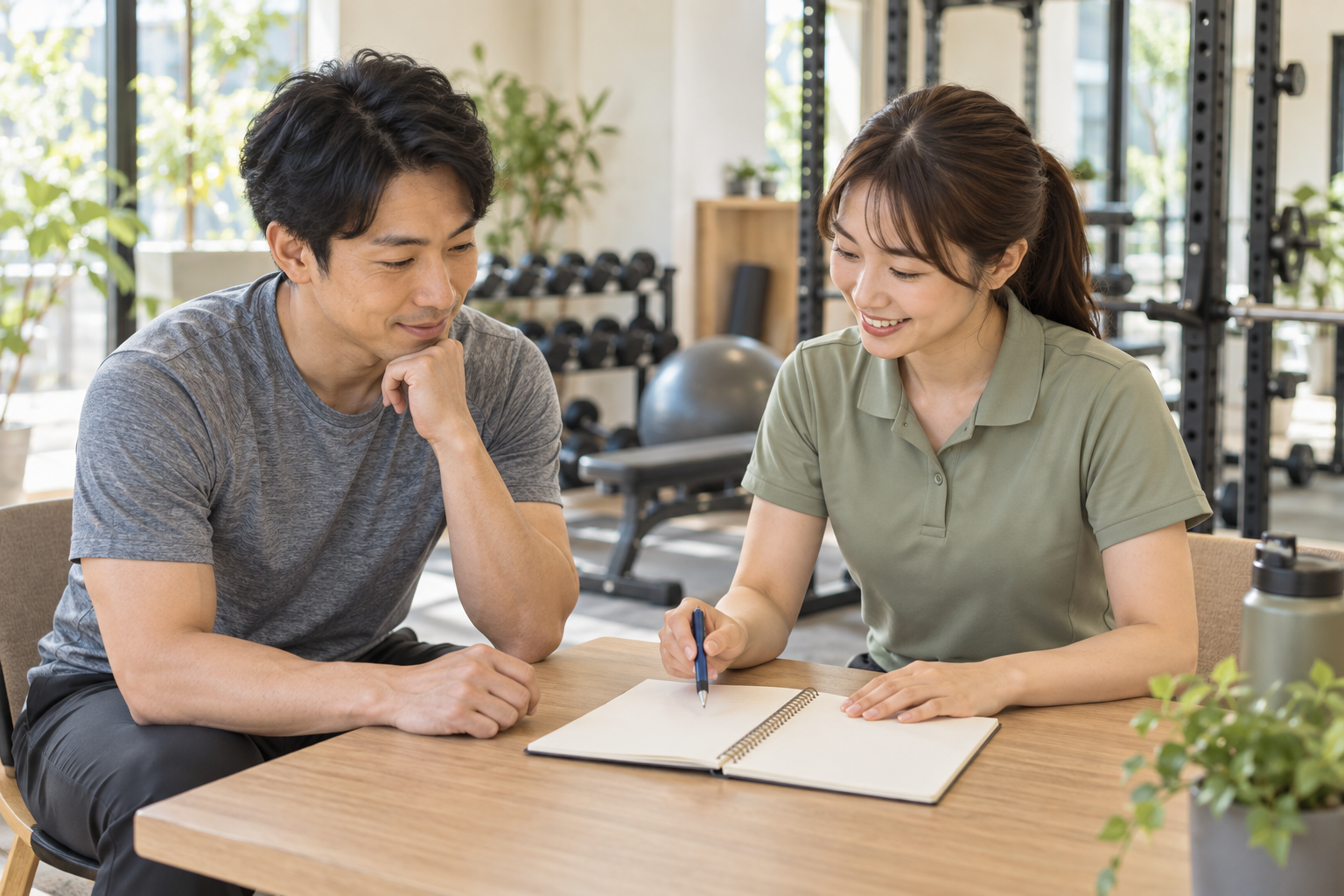 ノートを使いトレーナーと運動計画を相談する男性のイメージ