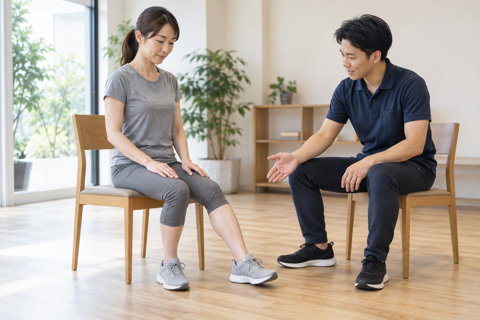 椅子に座って脚の位置を変えながら相談する女性のイメージ